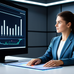 A professional businesswoman in a modest business suit, seated at a modern, minimalist desk. She is thoughtfully interacting with a large, glowing holographic display showing dynamic data visualizations and abstract, colorful symbols representing creative ideas generated by AI. The background is a sleek office space with soft ambient light. Professional photography, high detail, realistic, perfect anatomy, correct proportions, natural pose, well-formed hands, proper finger count, natural body proportions, fully clothed, modest clothing, appropriate attire, professional dress, safe for work, appropriate content.