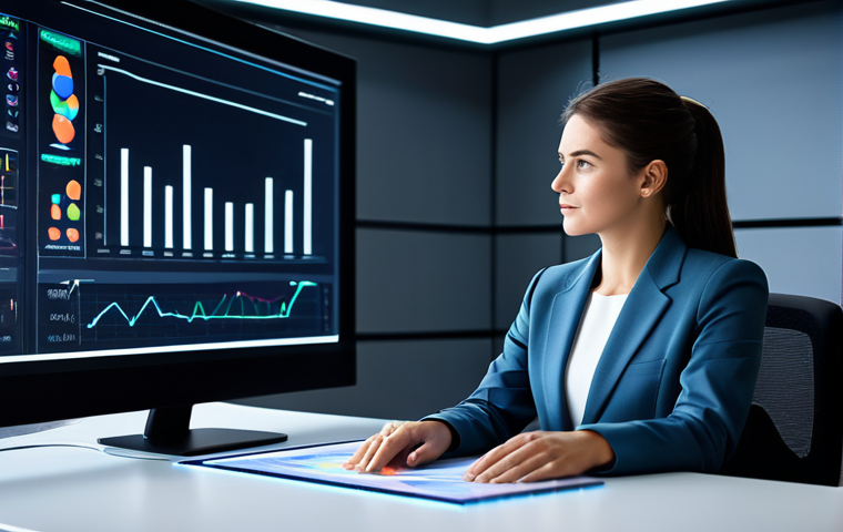A professional businesswoman in a modest business suit, seated at a modern, minimalist desk. She is thoughtfully interacting with a large, glowing holographic display showing dynamic data visualizations and abstract, colorful symbols representing creative ideas generated by AI. The background is a sleek office space with soft ambient light. Professional photography, high detail, realistic, perfect anatomy, correct proportions, natural pose, well-formed hands, proper finger count, natural body proportions, fully clothed, modest clothing, appropriate attire, professional dress, safe for work, appropriate content.